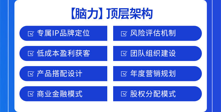 陌谷顶层架构：专属IP品牌定位，风险评估机制，低成本盈利获客，团队组织建设，产品搭配设计，年度营销规划，商业金融模式，股权分配模式